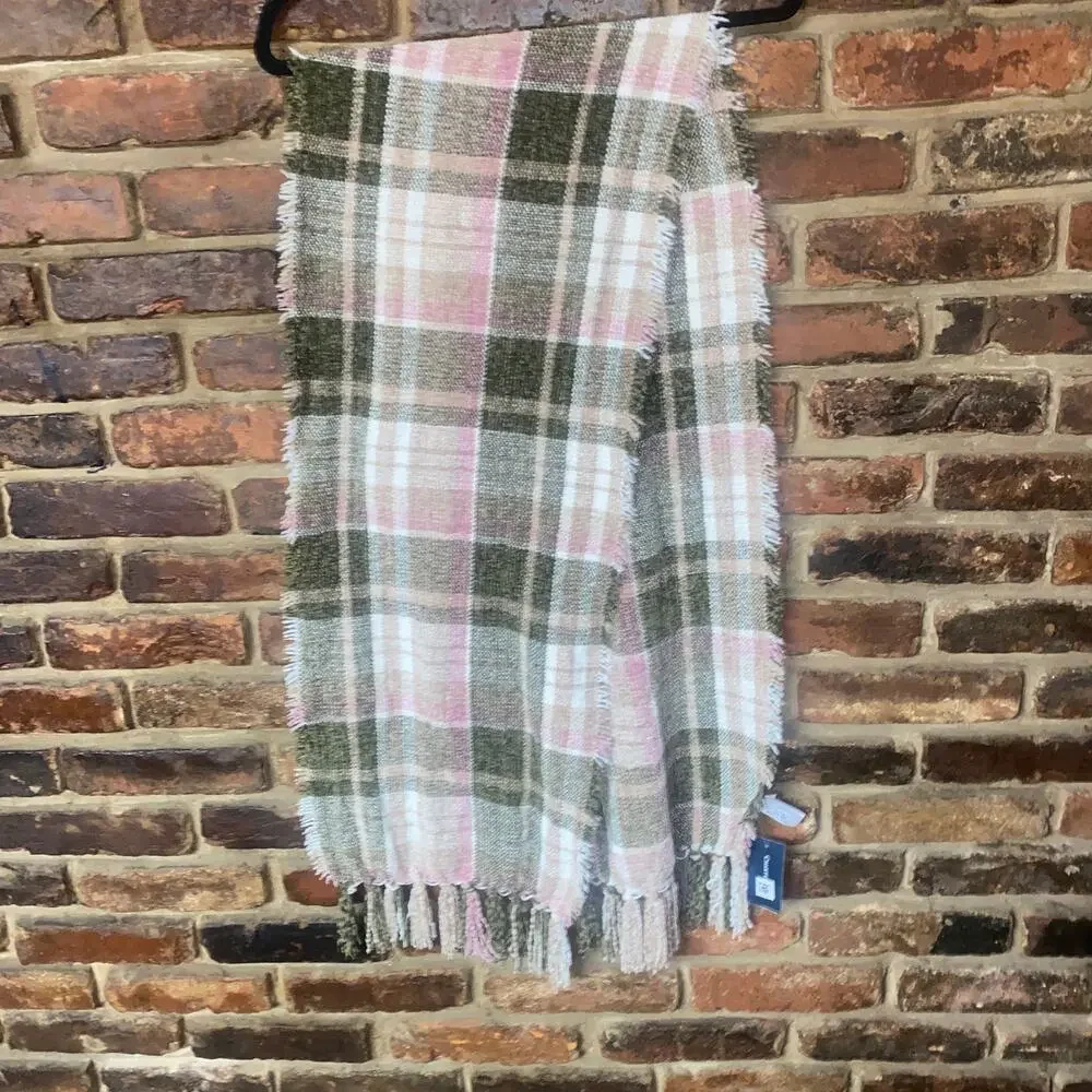 NWT Charter Club Green Pink Beige Tan Fringed Rectangle Scarf Women's